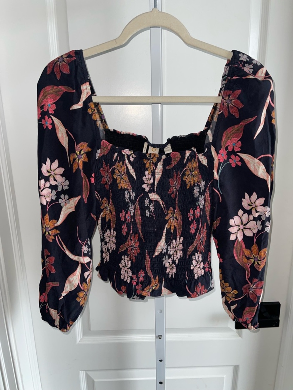 Do + Be Dolan Floral Smocked Crop Top Long Sleeve Boho Peasant Blouse S